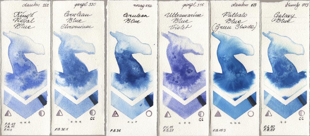 Daniel Smith 252 King’s Royal Blue, Golden QOR 330 Cerulean Blue, Chromium, Rosa Gallery 752 Cerulean Blue, 316 Ultramarine Blue Violet, 077 Phthalo Blue (Green Shade), Shminke Horadam Aquarell 973 Galaxy Bl watercolor swatch