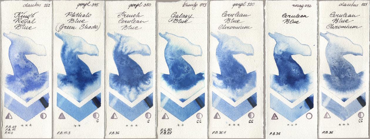 Daniel Smith 252 King’s Royal Blue, Golden QOR 345 Phthalo Blue (Green Shade), 350 French Cerulean Blue, Shminke Horadam Aquarell 973 Galaxy Blue, 330 Cerulean Blue, Chromium, Rosa Gallery 752 Cerulean Blue, 021 Cerulean Blue Chromi watercolor swatch
