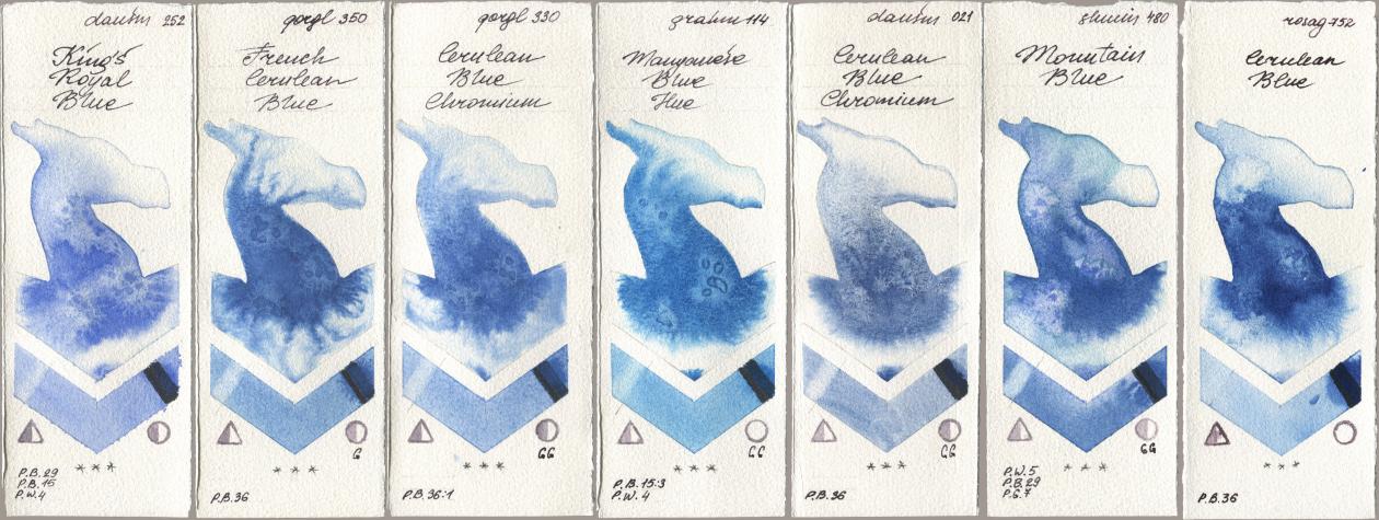 Daniel Smith 252 King’s Royal Blue, Golden QOR 350 French Cerulean Blue, 330 Cerulean Blue, Chromium, M. Graham & Co. Artists 114 Manganese Blue Hue, 021 Cerulean Blue Chromium, Shminke Horadam Aquarell 480 Mountain Blue, Rosa Gallery 752 Cerulean Bl watercolor swatch