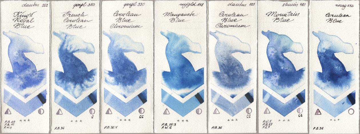 Daniel Smith 252 King’s Royal Blue, Golden QOR 350 French Cerulean Blue, 330 Cerulean Blue, Chromium, Mijello Mission Gold 548 Manganese Blue, 021 Cerulean Blue Chromium, Shminke Horadam Aquarell 480 Mountain Blue, Rosa Gallery 752 Cerulean Bl watercolor swatch