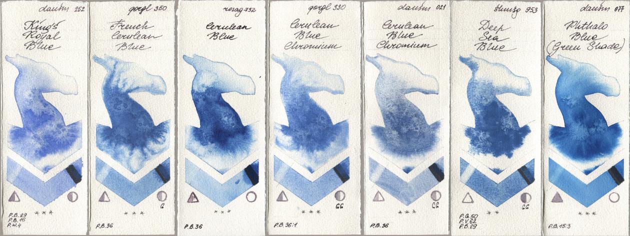 Daniel Smith 252 King’s Royal Blue, Golden QOR 350 French Cerulean Blue, Rosa Gallery 752 Cerulean Blue, 330 Cerulean Blue, Chromium, 021 Cerulean Blue Chromium, Shminke Horadam Aquarell 953 Deep Sea Blue, 077 Phthalo Blue (Green Shad watercolor swatch