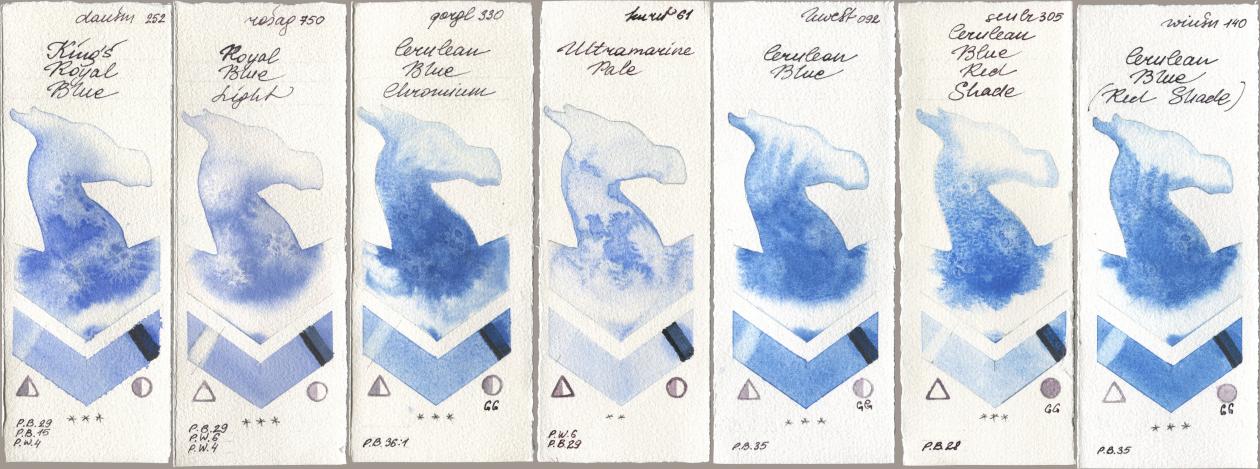 Daniel Smith 252 King’s Royal Blue, Rosa Gallery 750 Royal Blue Light, Golden QOR 330 Cerulean Blue, Chromium, Kuretake Gansai Tambi 061 Ultramarine Pale, Holbein Artists Watercolor 092 Cerulean Blue, Sennelier l Aquarelle 305 Cerulean Blue Red Shade, Winsor & Newton Professional 140 Cerulean Blue (Red Shad watercolor swatch