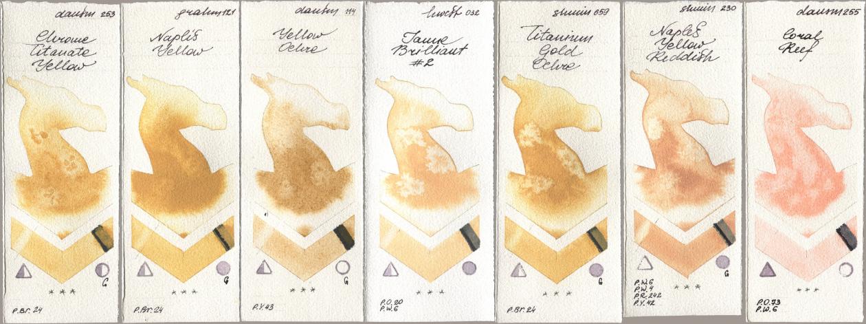 Daniel Smith 253 Chrome Titanate Yellow, M. Graham & Co. Artists 121 Naples Yellow, 114 Yellow Ochre, Holbein Artists Watercolor 032 Jaune Brillant No 2, Shminke Horadam Aquarell 659 Titanium Gold Ochre, 230 Naples Yellow Reddish, 255 Coral Re watercolor swatch