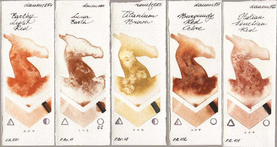 Daniel Smith 254 Earthy Light Red vs 050 Lunar Earth vs Roman Szmal Aquarius 265 Titanium Brown vs 151 Burgundy Red Ochre vs 122 Italian Venetian Red watercolor swatch