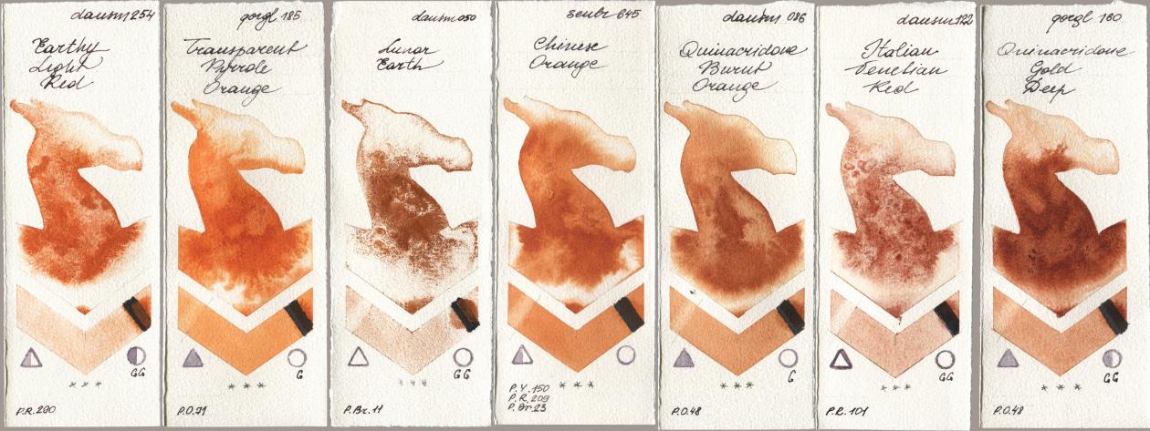 Daniel Smith 254 Earthy Light Red, Golden QOR 185 Transparent Pyrrole Orange, 050 Lunar Earth, Sennelier l Aquarelle 645 Chinese Orange, 086 Quinacridone Burnt Orange, 122 Italian Venetian Red, 160 Quinacridone Gold De watercolor swatch