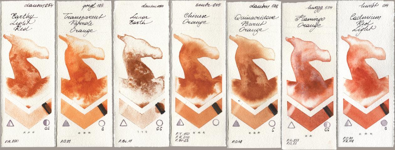 Daniel Smith 254 Earthy Light Red, Golden QOR 185 Transparent Pyrrole Orange, 050 Lunar Earth, Sennelier l Aquarelle 645 Chinese Orange, 086 Quinacridone Burnt Orange, Holbein Artists Watercolor 504 Flamingo Orange, 014 Cadmium Red Lig watercolor swatch