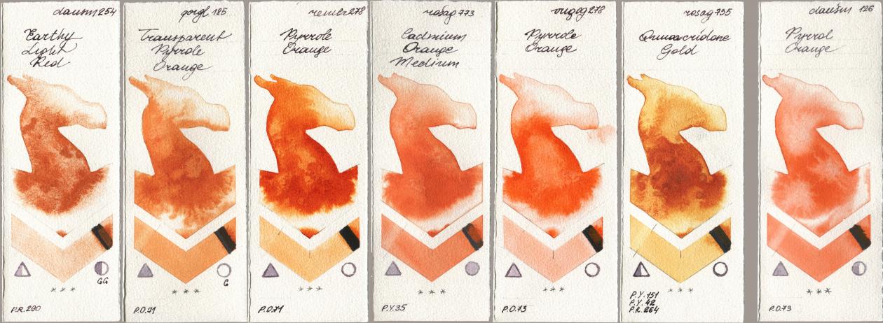 Daniel Smith 254 Earthy Light Red, Golden QOR 185 Transparent Pyrrole Orange, Royal Talens Rembrandt Watercolour 278 Pyrrole Orange, Rosa Gallery 773 Cadmium Orange Medium, Royal Talens Van Gogh Watercolour 278 Pyrrole Orange, 735 Quinacridone Gold, 126 Pyrrol Oran watercolor swatch