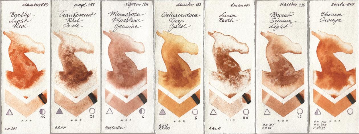 Daniel Smith 254 Earthy Light Red, Golden QOR 455 Transparent Red Oxide, 143 Minnesota Pipestone Genuine, 152 Quinacridone Deep Gold, 050 Lunar Earth, 230 Burnt Sienna Light, Sennelier l Aquarelle 645 Chinese Oran watercolor swatch