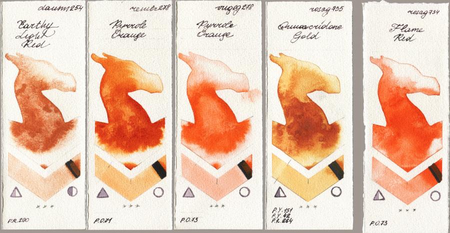 Daniel Smith 254 Earthy Light Red vs Royal Talens Rembrandt Watercolour 278 Pyrrole Orange vs Royal Talens Van Gogh Watercolour 278 Pyrrole Orange vs Rosa Gallery 735 Quinacridone Gold vs 734 Flame Red watercolor swatch