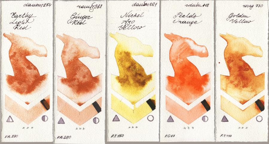 Daniel Smith 254 Earthy Light Red vs Roman Szmal Aquarius 368 Genger Red vs 061 Nickel Azo Yellow vs Winsor & Newton Professional 418 Fields Orange vs Rosa Gallery 730 Golden Yellow watercolor swatch