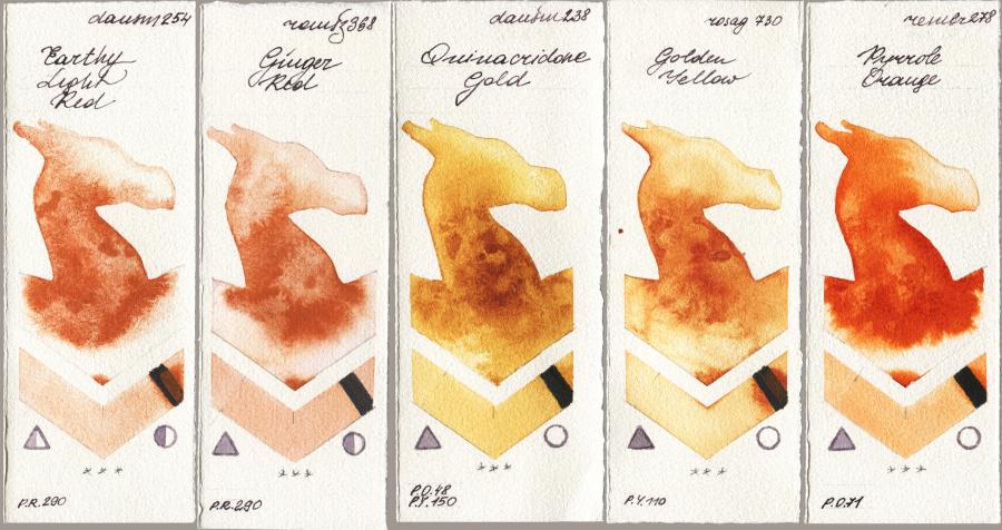 Daniel Smith 254 Earthy Light Red vs Roman Szmal Aquarius 368 Genger Red vs 238 Quinacridone Gold vs Rosa Gallery 730 Golden Yellow vs Royal Talens Rembrandt Watercolour 278 Pyrrole Orange watercolor swatch
