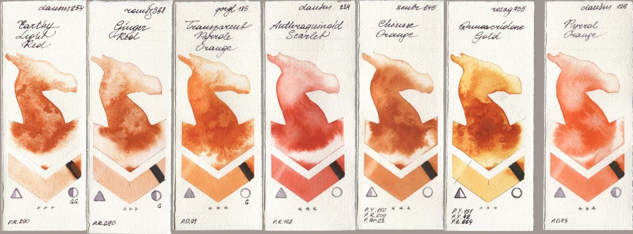 Daniel Smith 254 Earthy Light Red, Roman Szmal Aquarius 368 Genger Red, Golden QOR 185 Transparent Pyrrole Orange, 224 Anthraquinoid Scarlet, Sennelier l Aquarelle 645 Chinese Orange, Rosa Gallery 735 Quinacridone Gold, 126 Pyrrol Oran watercolor swatch