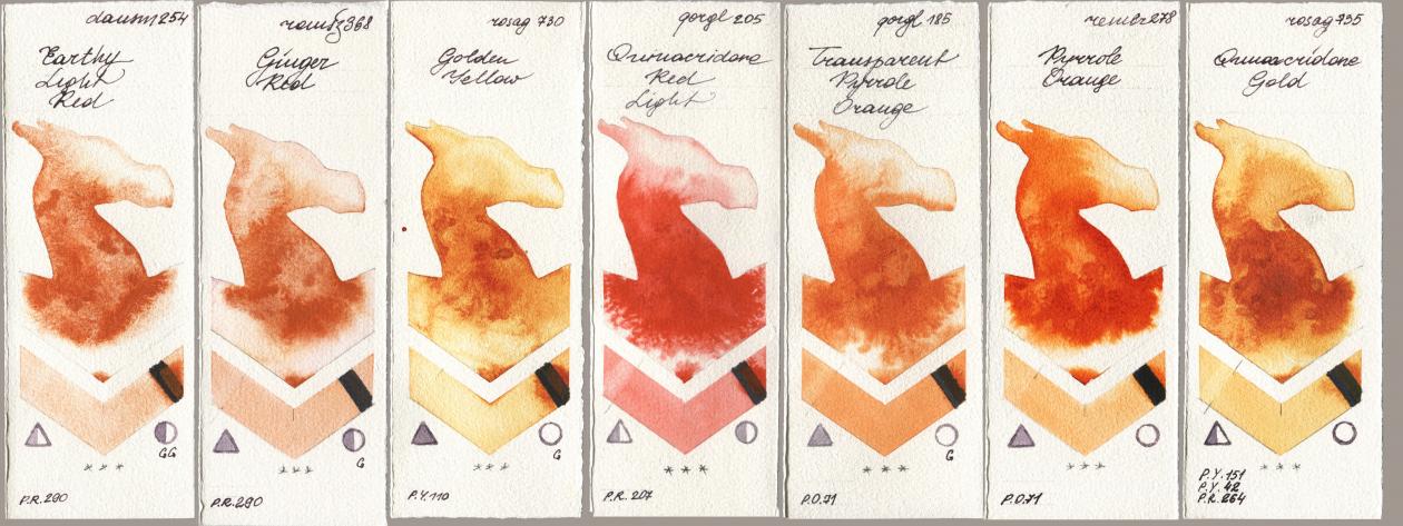 Daniel Smith 254 Earthy Light Red, Roman Szmal Aquarius 368 Genger Red, Rosa Gallery 730 Golden Yellow, Golden QOR 205 Quinacridone Red Light, 185 Transparent Pyrrole Orange, Royal Talens Rembrandt Watercolour 278 Pyrrole Orange, 735 Quinacridone Go watercolor swatch