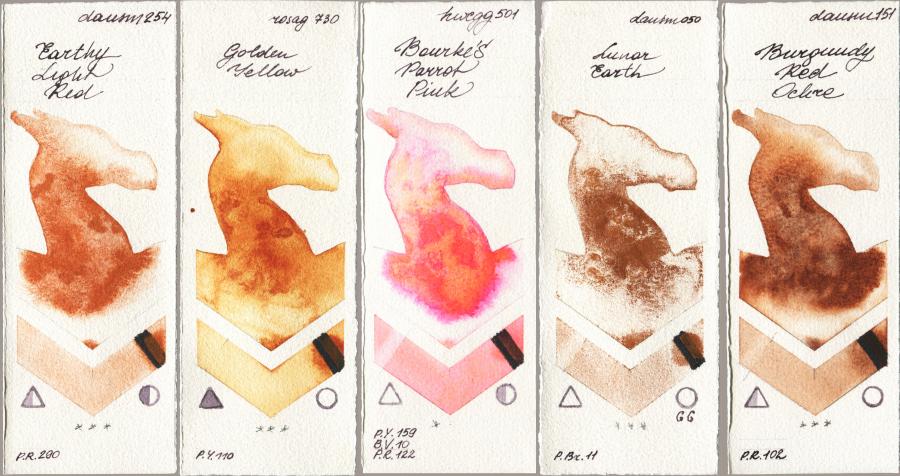 Daniel Smith 254 Earthy Light Red vs Rosa Gallery 730 Golden Yellow vs Holbein Artists Watercolor 501 Bourkes Parrot Pink vs 050 Lunar Earth vs 151 Burgundy Red Ochre watercolor swatch