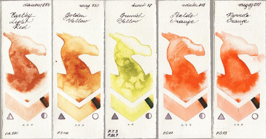 Daniel Smith 254 Earthy Light Red vs Rosa Gallery 730 Golden Yellow vs Kuretake Gansai Tambi 048 Greenish Yellow vs Winsor & Newton Professional 418 Fields Orange vs Royal Talens Van Gogh Watercolour 278 Pyrrole Orange watercolor swatch