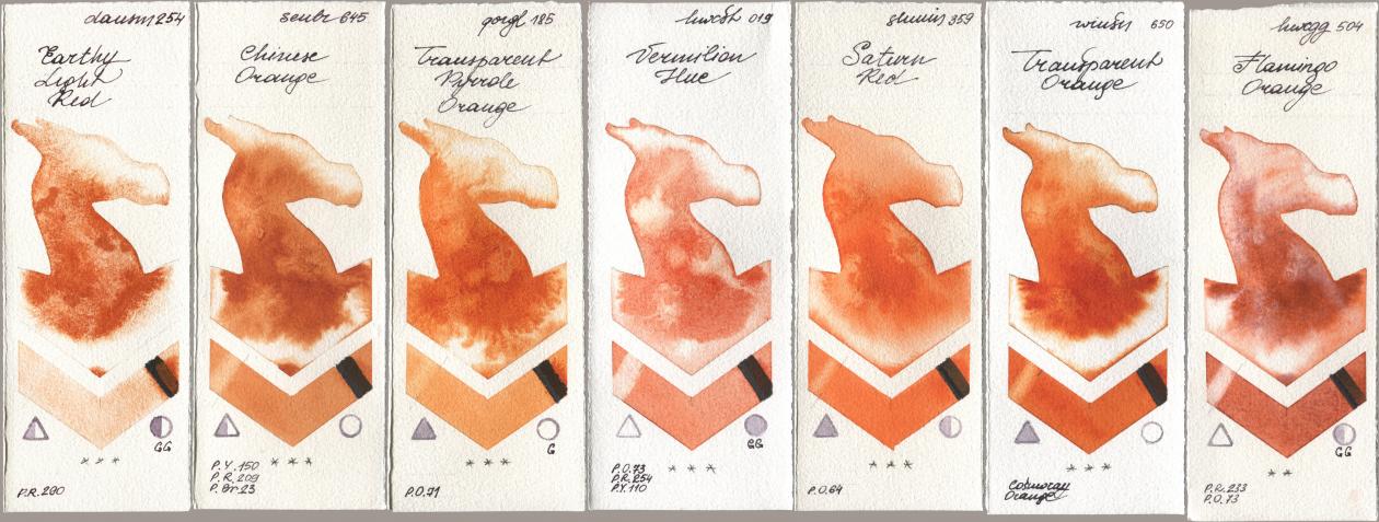 Daniel Smith 254 Earthy Light Red, Sennelier l Aquarelle 645 Chinese Orange, Golden QOR 185 Transparent Pyrrole Orange, Holbein Artists Watercolor 019 Vermilion Hue, Shminke Horadam Aquarell 359 Saturn Red, Winsor & Newton Professional 650 Transparent Orange, 504 Flamingo Oran watercolor swatch