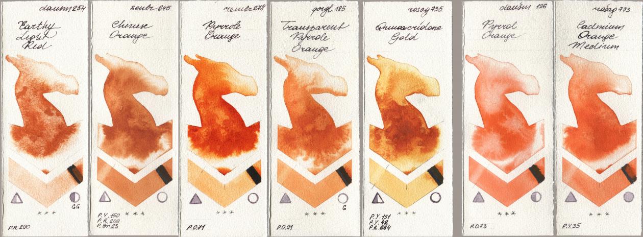 Daniel Smith 254 Earthy Light Red, Sennelier l Aquarelle 645 Chinese Orange, Royal Talens Rembrandt Watercolour 278 Pyrrole Orange, Golden QOR 185 Transparent Pyrrole Orange, Rosa Gallery 735 Quinacridone Gold, 126 Pyrrol Orange, 773 Cadmium Orange Medi watercolor swatch