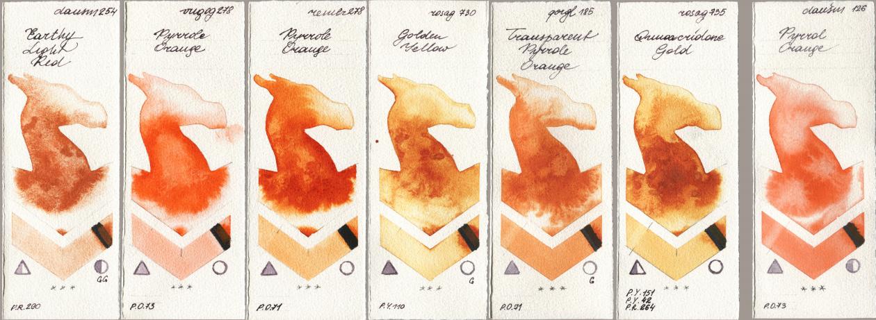 Daniel Smith 254 Earthy Light Red, Royal Talens Van Gogh Watercolour 278 Pyrrole Orange, Royal Talens Rembrandt Watercolour 278 Pyrrole Orange, Rosa Gallery 730 Golden Yellow, Golden QOR 185 Transparent Pyrrole Orange, 735 Quinacridone Gold, 126 Pyrrol Oran watercolor swatch