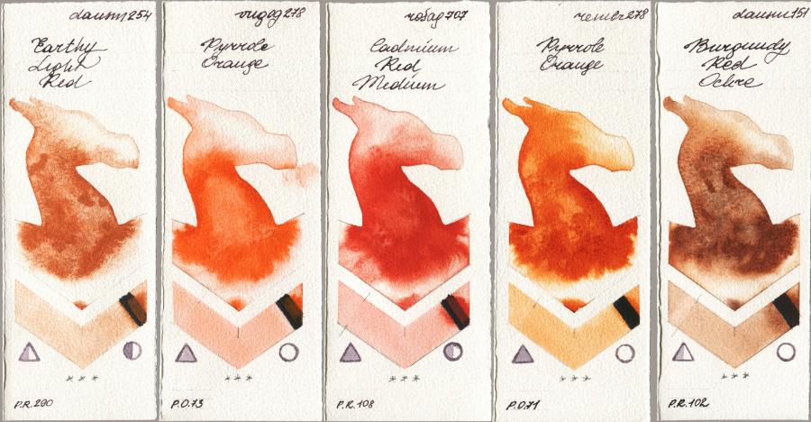 Daniel Smith 254 Earthy Light Red vs Royal Talens Van Gogh Watercolour 278 Pyrrole Orange vs Rosa Gallery 707 Cadmium Red Medium vs Royal Talens Rembrandt Watercolour 278 Pyrrole Orange vs 151 Burgundy Red Ochre watercolor swatch