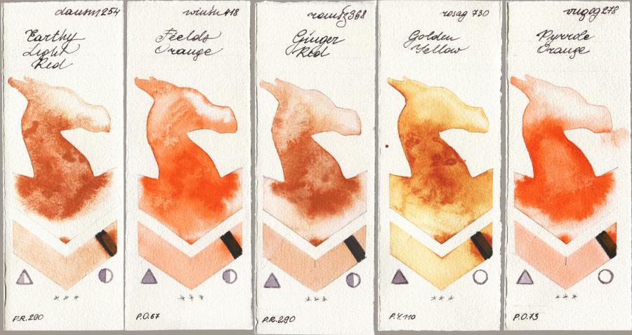 Daniel Smith 254 Earthy Light Red vs Winsor & Newton Professional 418 Fields Orange vs Roman Szmal Aquarius 368 Genger Red vs Rosa Gallery 730 Golden Yellow vs Royal Talens Van Gogh Watercolour 278 Pyrrole Orange watercolor swatch