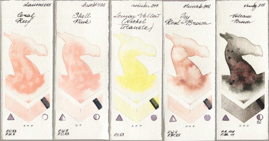 Daniel Smith 255 Coral Reef vs Holbein Artists Watercolor 026 Shell Pink vs Winsor & Newton Professional 347 Lemon Yellow (Nickel Titanate) vs Shminke Akademie Aquarell 916 Icy Red-Brown vs Shminke Horadam Aquarell 915 Volcano Brown watercolor swatch
