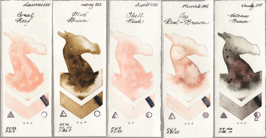 Daniel Smith 255 Coral Reef vs Rosa Gallery 723 Mars Brown vs Holbein Artists Watercolor 026 Shell Pink vs Shminke Akademie Aquarell 916 Icy Red-Brown vs Shminke Horadam Aquarell 915 Volcano Brown watercolor swatch