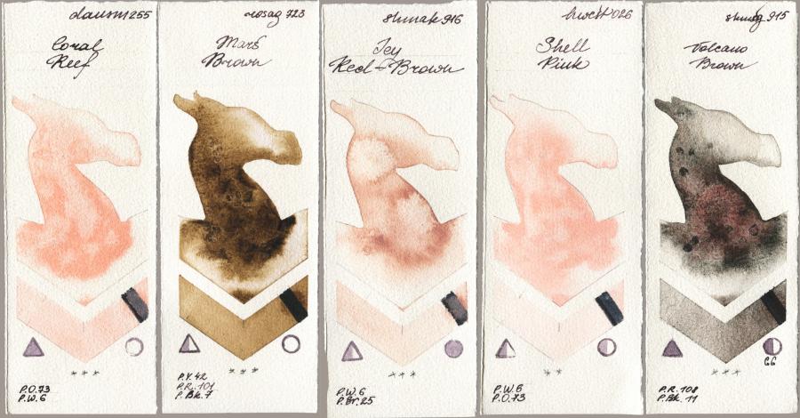 Daniel Smith 255 Coral Reef vs Rosa Gallery 723 Mars Brown vs Shminke Akademie Aquarell 916 Icy Red-Brown vs Holbein Artists Watercolor 026 Shell Pink vs Shminke Horadam Aquarell 915 Volcano Brown watercolor swatch