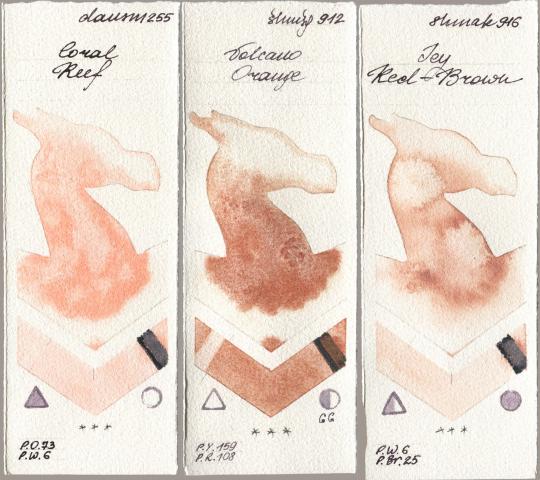 Daniel Smith 255 Coral Reef, Shminke Horadam Aquarell 912 Volcano Orange, Shminke Akademie Aquarell 916 Icy Red-Bro watercolor swatch