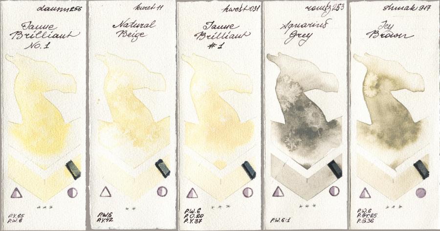 Daniel Smith 256 Jaune Brilliant No 1 vs Kuretake Gansai Tambi 011 Natural Beige vs Holbein Artists Watercolor 031 Jaune Brilliant No 1 vs Roman Szmal Aquarius 253 Aquarius Grey vs Shminke Akademie Aquarell 917 Icy Brown watercolor swatch