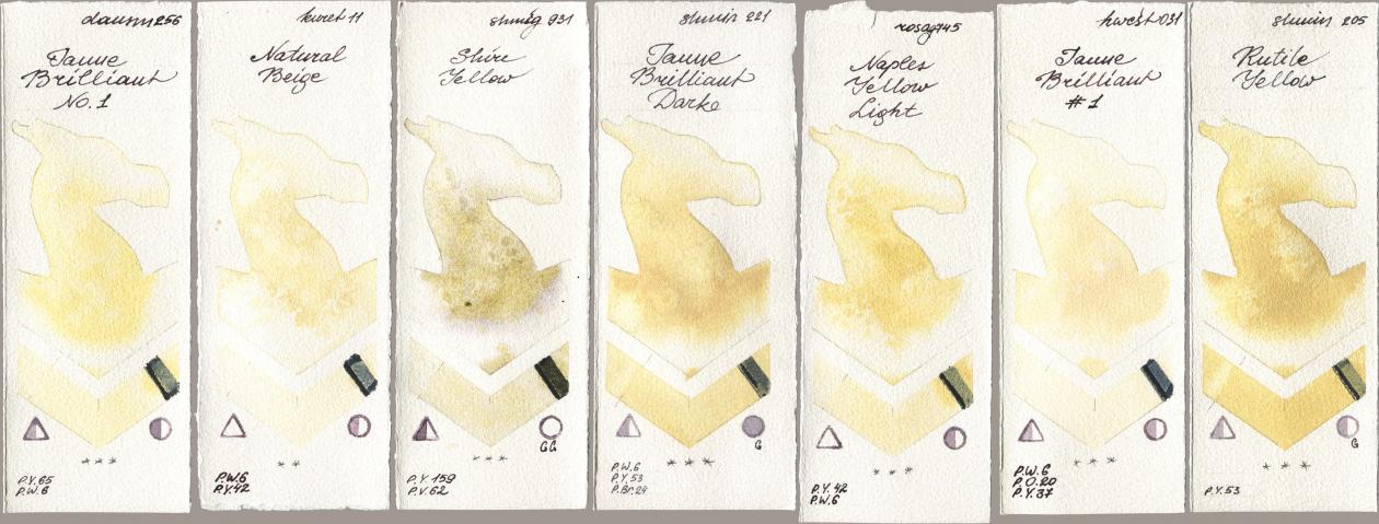 Daniel Smith 256 Jaune Brilliant No 1, Kuretake Gansai Tambi 011 Natural Beige, Shminke Horadam Aquarell 931 Shire Yellow, 221 Brilliant Yellow Dark (Jaune Brilliant Dark), Rosa Gallery 745 Naples Yellow Light, Holbein Artists Watercolor 031 Jaune Brilliant No 1, 205 Rutile Yell watercolor swatch