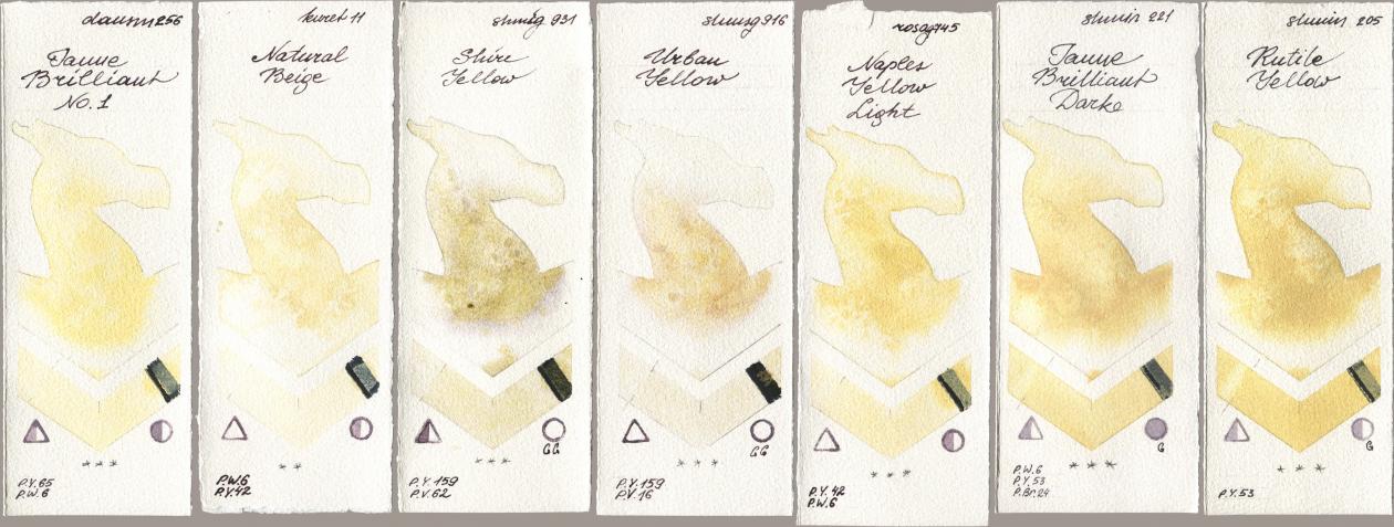 Daniel Smith 256 Jaune Brilliant No 1, Kuretake Gansai Tambi 011 Natural Beige, Shminke Horadam Aquarell 931 Shire Yellow, 916 Urban Yellow, Rosa Gallery 745 Naples Yellow Light, 221 Brilliant Yellow Dark (Jaune Brilliant Dark), 205 Rutile Yell watercolor swatch