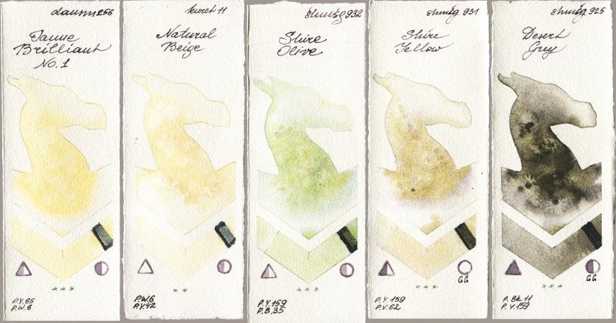 Daniel Smith 256 Jaune Brilliant No 1 vs Kuretake Gansai Tambi 011 Natural Beige vs Shminke Horadam Aquarell 932 Shire Olive vs 931 Shire Yellow vs 925 Desert Grey watercolor swatch