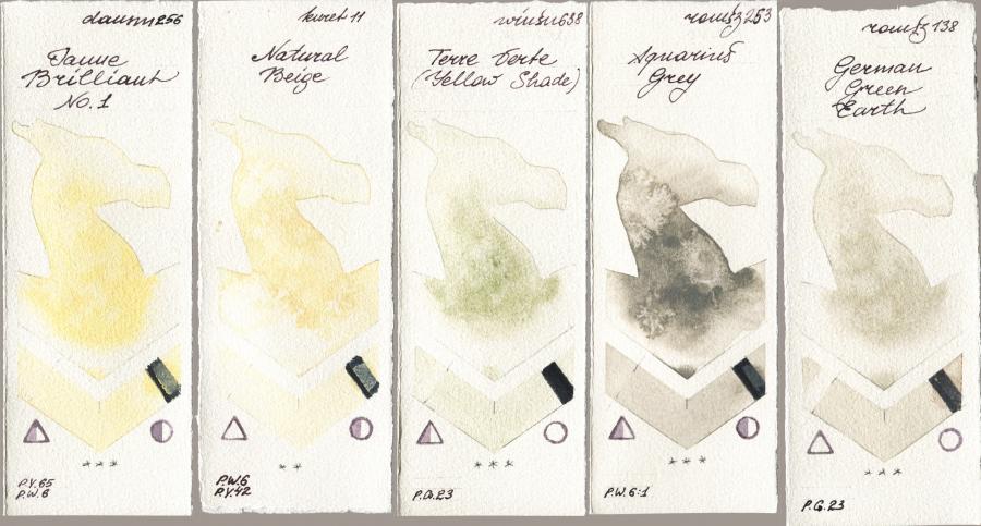 Daniel Smith 256 Jaune Brilliant No 1 vs Kuretake Gansai Tambi 011 Natural Beige vs Winsor & Newton Professional 638 Terre Verte (Yellow Shade) vs Roman Szmal Aquarius 253 Aquarius Grey vs 138 German Green Earth watercolor swatch