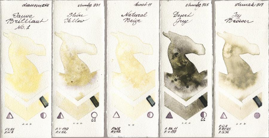 Daniel Smith 256 Jaune Brilliant No 1 vs Shminke Horadam Aquarell 931 Shire Yellow vs Kuretake Gansai Tambi 011 Natural Beige vs 925 Desert Grey vs Shminke Akademie Aquarell 917 Icy Brown watercolor swatch
