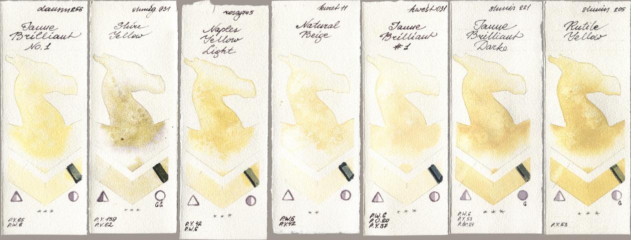 Daniel Smith 256 Jaune Brilliant No 1, Shminke Horadam Aquarell 931 Shire Yellow, Rosa Gallery 745 Naples Yellow Light, Kuretake Gansai Tambi 011 Natural Beige, Holbein Artists Watercolor 031 Jaune Brilliant No 1, 221 Brilliant Yellow Dark (Jaune Brilliant Dark), 205 Rutile Yell watercolor swatch