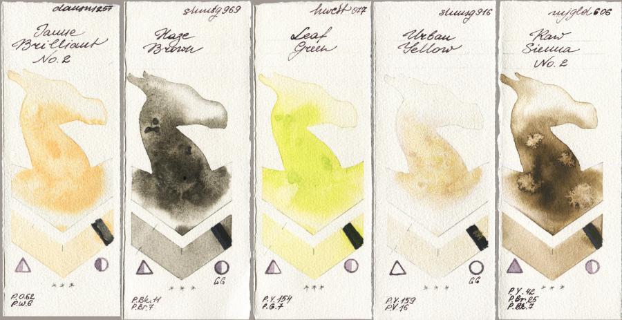 Daniel Smith 257 Jaune Brilliant No 2 vs Shminke Horadam Aquarell 969 Haze Brown vs Holbein Artists Watercolor 077 Leaf Green vs 916 Urban Yellow vs Mijello Mission Gold 606 Raw Sienna No 2 watercolor swatch