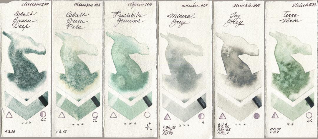 Daniel Smith 258 Cobalt Green Deep, 027 Cobalt Green Pale, 169 Fuchsite Genuine, Winsor & Newton Professional 427 Mineral Grey, Shminke Akademie Aquarell 918 Icy Grey, Shinhan PWC 592 Terre Ver watercolor swatch