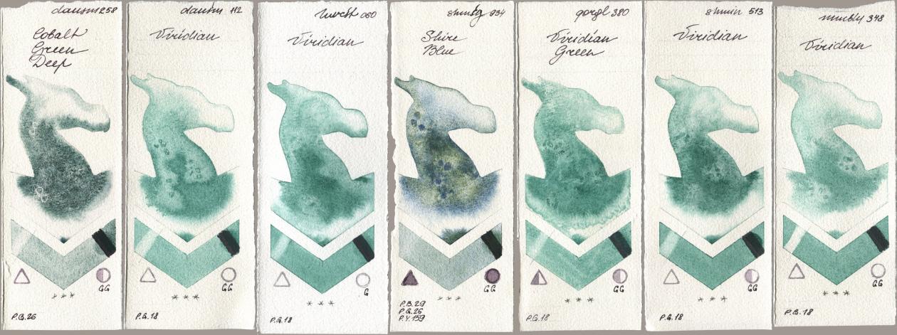 Daniel Smith 258 Cobalt Green Deep, 112 Viridian, Holbein Artists Watercolor 060 Viridian, Shminke Horadam Aquarell 934 Shire Blue, Golden QOR 380 Viridian Green, 513 Viridian, Maimeri Blu 348 Viridi watercolor swatch