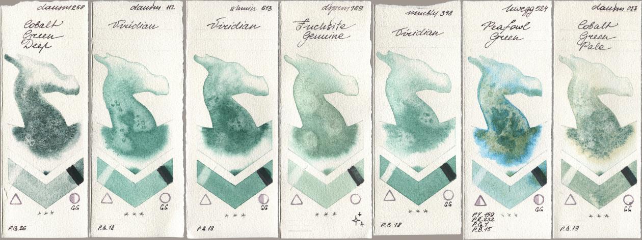 Daniel Smith 258 Cobalt Green Deep, 112 Viridian, Shminke Horadam Aquarell 513 Viridian, 169 Fuchsite Genuine, Maimeri Blu 348 Viridian, Holbein Artists Watercolor 524 Peafowl Green, 027 Cobalt Green Pa watercolor swatch