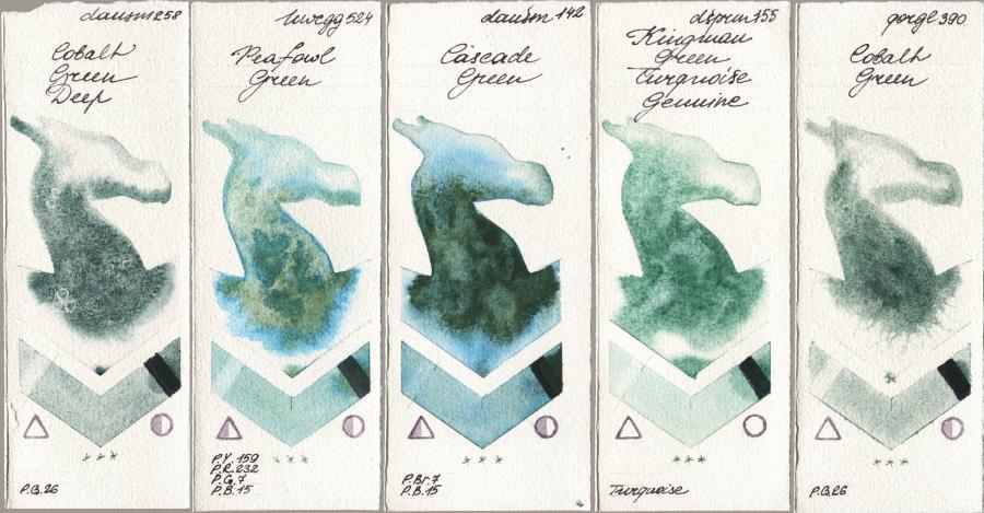 Daniel Smith 258 Cobalt Green Deep vs Holbein Artists Watercolor 524 Peafowl Green vs 142 Cascade Green vs 155 Kingman Green Turquoise Genuine vs Golden QOR 390 Cobalt Green watercolor swatch
