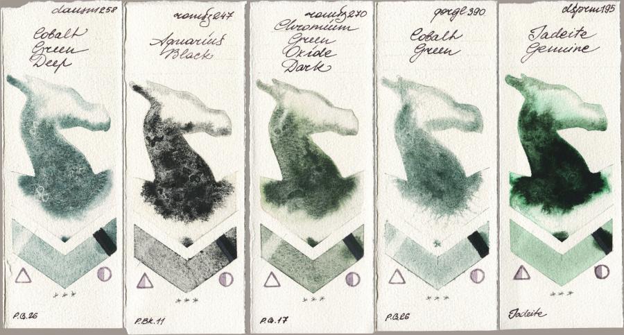 Daniel Smith 258 Cobalt Green Deep vs Roman Szmal Aquarius 247 Aquarius Black vs 270 Chromium Green Oxide Dark vs Golden QOR 390 Cobalt Green vs 195 Jadeite Genuine watercolor swatch