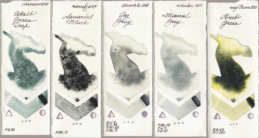 Daniel Smith 258 Cobalt Green Deep vs Roman Szmal Aquarius 247 Aquarius Black vs Shminke Akademie Aquarell 918 Icy Grey vs Winsor & Newton Professional 427 Mineral Grey vs Mijello Mission Gold 830 Forest Green watercolor swatch