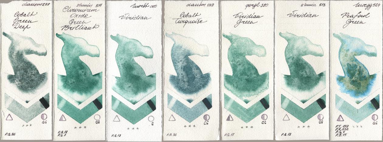 Daniel Smith 258 Cobalt Green Deep, Shminke Horadam Aquarell 511 Chromium Oxide Green Brilliant, Holbein Artists Watercolor 060 Viridian, 029 Cobalt Turquoise, Golden QOR 380 Viridian Green, 513 Viridian, 524 Peafowl Gre watercolor swatch