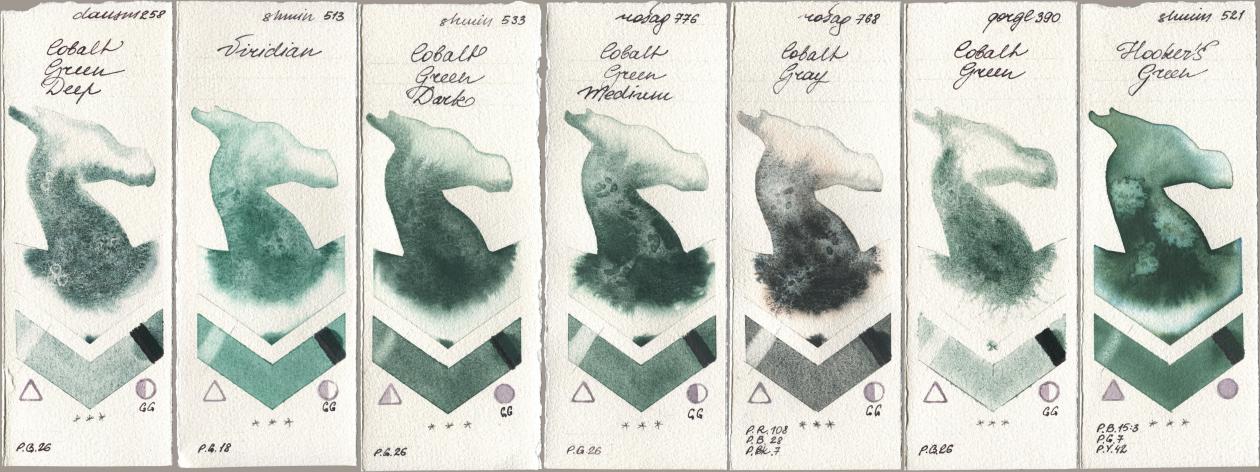 Daniel Smith 258 Cobalt Green Deep, Shminke Horadam Aquarell 513 Viridian, 533 Cobalt Green Dark, Rosa Gallery 776 Cobalt Green Medium, 768 Cobalt Gray, Golden QOR 390 Cobalt Green, 521 Hookers Gre watercolor swatch