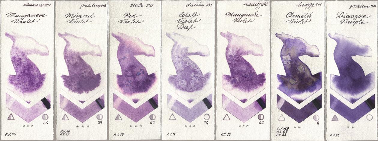 Daniel Smith 261 Manganese Violet, M. Graham & Co. Artists 116 Mineral Violet, Sennelier l Aquarelle 905 Red Violet, 031 Cobalt Violet Deep, Roman Szmal Aquarius 216 Manganese Violet, Holbein Artists Watercolor 541 Clematis Violet, 100 Dioxazine Purp watercolor swatch