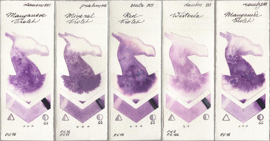 Daniel Smith 261 Manganese Violet, M. Graham & Co. Artists 116 Mineral Violet, Sennelier l Aquarelle 905 Red Violet, 231 Wisteria, Roman Szmal Aquarius 216 Manganese Viol watercolor swatch