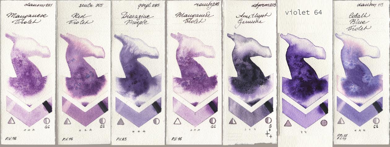 Daniel Smith 261 Manganese Violet, Sennelier l Aquarelle 905 Red Violet, Golden QOR 295 Dioxazine Purple, Roman Szmal Aquarius 216 Manganese Violet, 203 Amethyst Genuine, my 064 violet64, 115 Cobalt Blue Viol watercolor swatch
