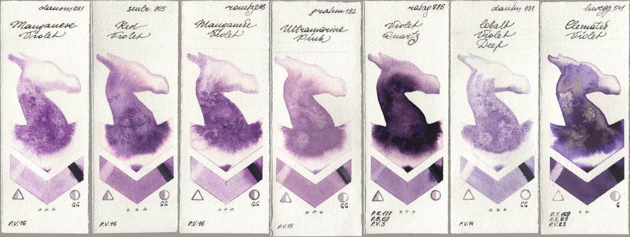 Daniel Smith 261 Manganese Violet, Sennelier l Aquarelle 905 Red Violet, Roman Szmal Aquarius 216 Manganese Violet, M. Graham & Co. Artists 192 Ultramarine Pink, Rosa Gallery 785 Violet Quartz, 031 Cobalt Violet Deep, Holbein Artists Watercolor 541 Clematis Viol watercolor swatch