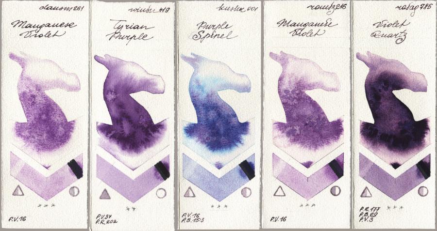 Daniel Smith 261 Manganese Violet vs Winsor & Newton Professional 419 Tyrian Purple vs Kusakabe 001 Purple Spinel vs Roman Szmal Aquarius 216 Manganese Violet vs Rosa Gallery 785 Violet Quartz watercolor swatch