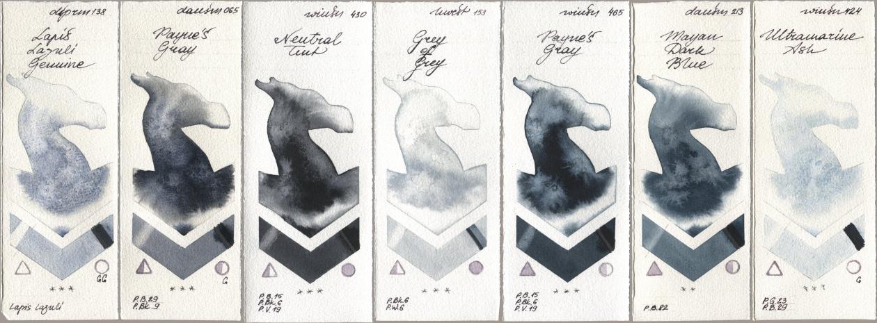 Daniel Smith 138 Lapis Lazuli Genuine, 065 Paynes Gray, Winsor & Newton Professional 430 Neutral Tint, Holbein Artists Watercolor 153 Grey of Grey, 465 Paynes Gray, 213 Mayan Dark Blue, 424 Ultramarine A watercolor swatch